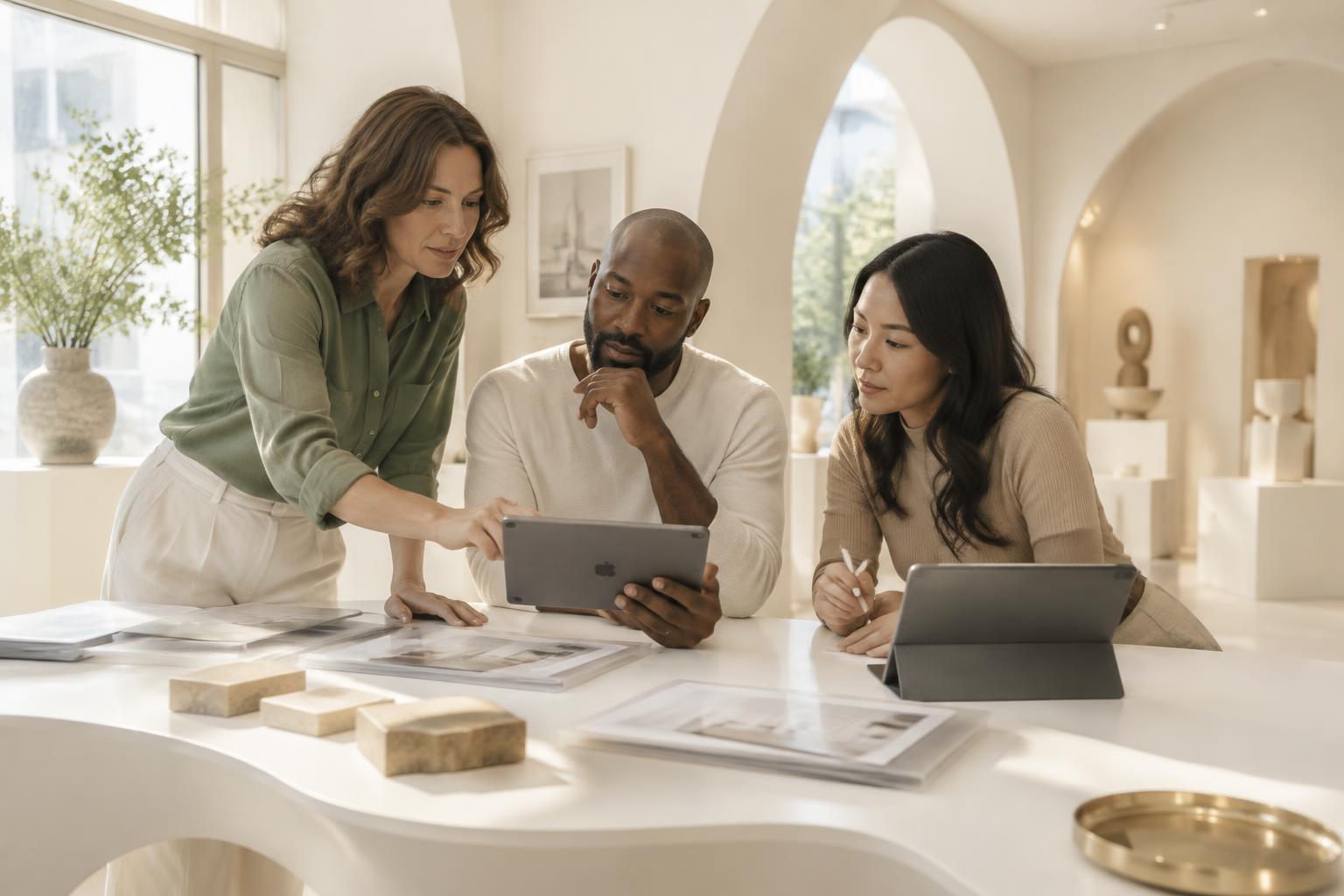 Three adults collaborating around tablets and digital resources in a bright modern studio